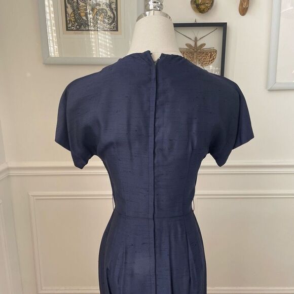 Vintage Mix & Match Dark Blue Sheath Dress Long Blazer Ivory Trim XS - Picture 12 of 13